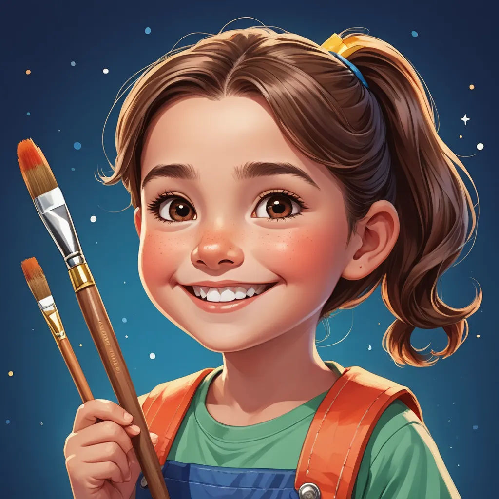 a painting of a girl holding a paintbrush and a paintbrush in her hand and smiling at the camera, space art, a detailed painting, artist, professional digital painting