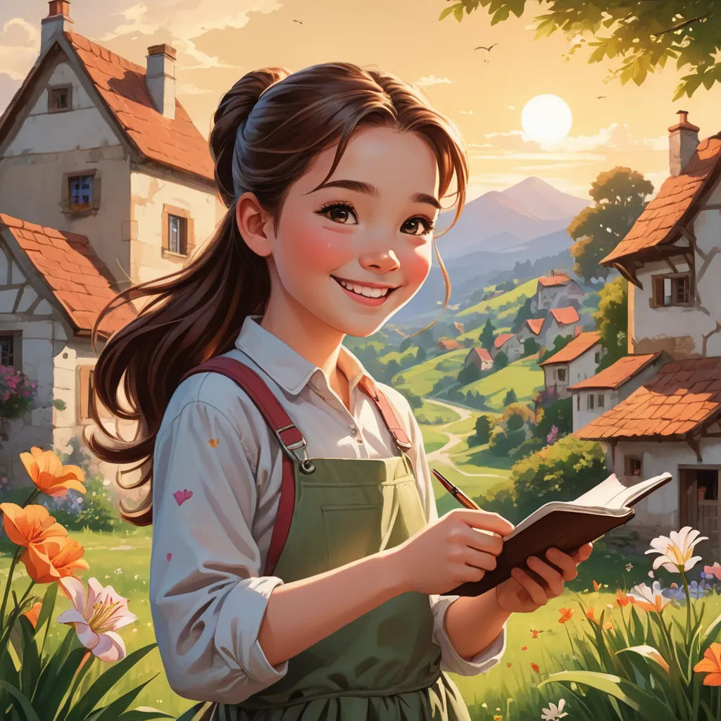 a painting of a girl holding a book in front of a house and flowers in the background with a sunset, fantasy art, a storybook illustration, Artgerm, kinkade