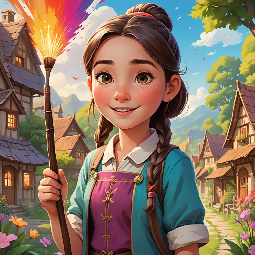 a girl holding a wand in front of a village with flowers and trees in the background and a house with a rainbow, fantasy art, a storybook illustration, Daphne McClure, kinkade