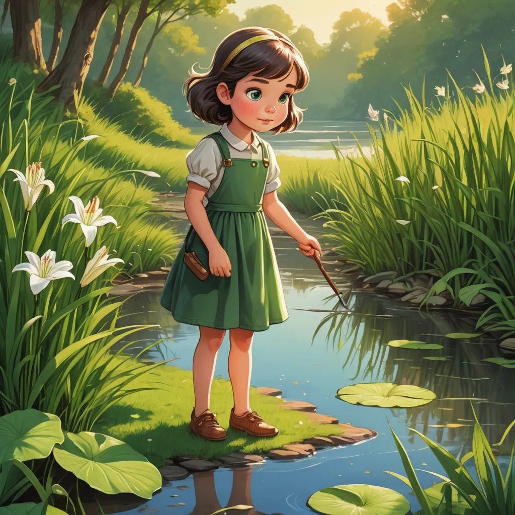 a girl standing on a rock in a pond with lily pads and a stick in her hand, looking at the water, environmental art, a storybook illustration, Alice Prin, official art