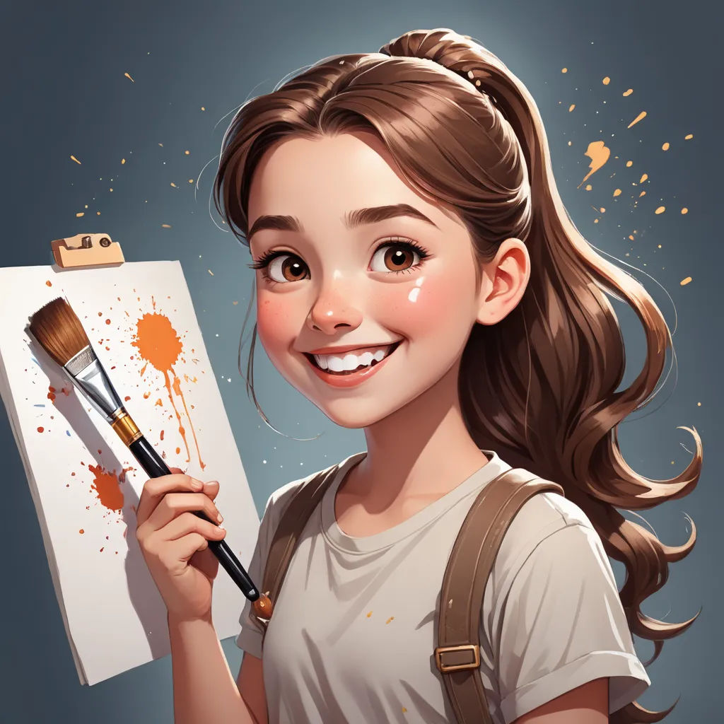 a girl holding a paintbrush and a paint palette in her hand and smiling at the camera, with a blue background, action painting, a detailed painting, Artgerm, trending on art station