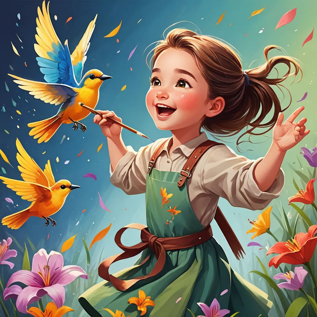 a painting of a girl feeding a bird with a stick in her hand and a bird flying above her, fantasy art, a detailed painting, Cyril Rolando, trending on art station
