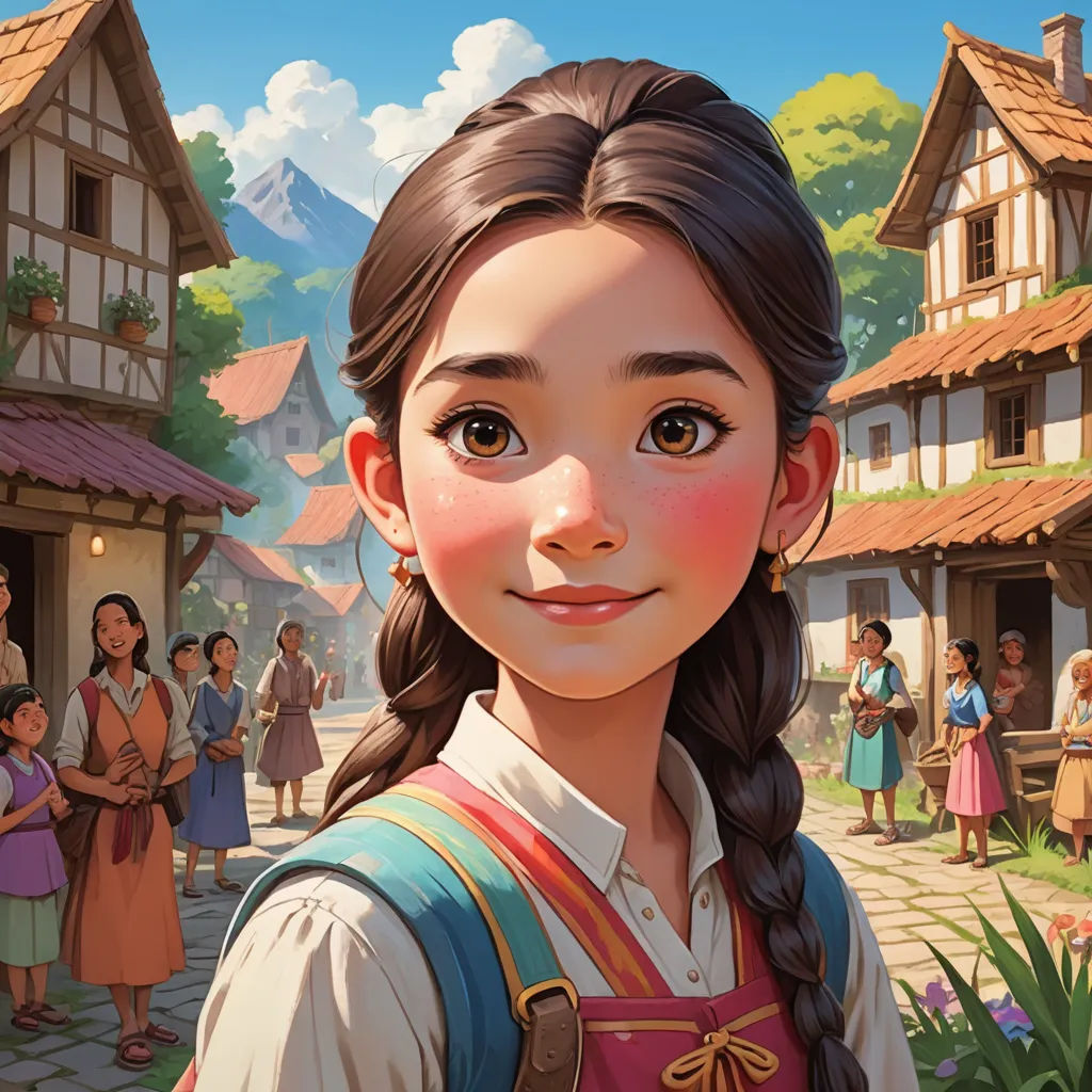 a young girl in a village with a lot of people around her and a man standing in front of her, fantasy art, a storybook illustration, Chris LaBrooy, rossdraws global illumination