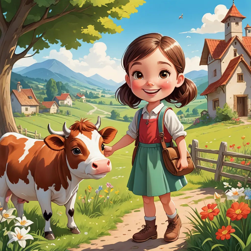 a girl in a dress is standing next to a cow in a field with flowers and a fence in the background, synthetism, a storybook illustration, Claire Falkenstein, storybook illustration