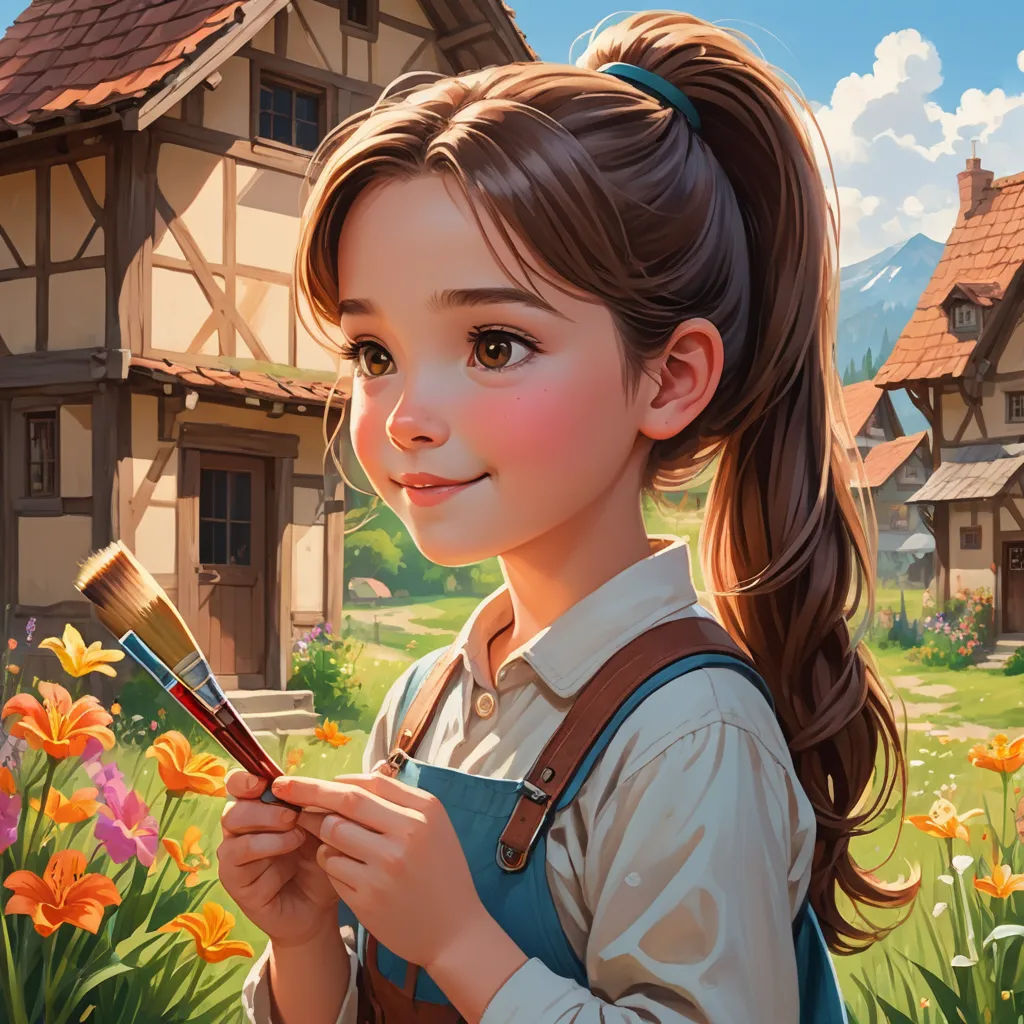 a girl holding a paintbrush in front of a house with flowers in the foreground and a garden with flowers in the background, fantasy art, a detailed painting, artist, trending on art station
