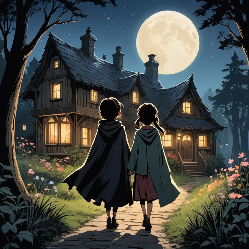 two girls are walking towards a house at night with a full moon in the background and a full moon in the sky, magical realism, a storybook illustration, Cliff Childs, official art