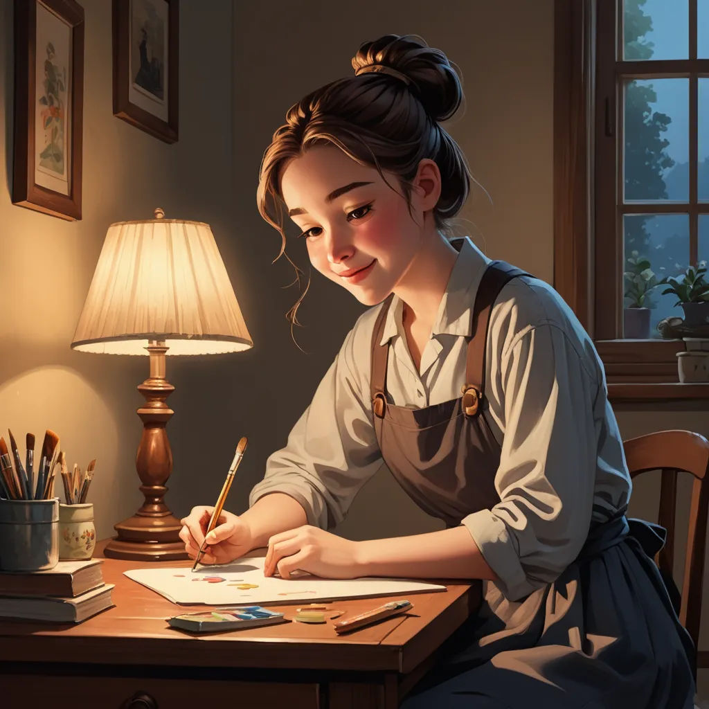 a woman sitting at a desk writing on a piece of paper with a lamp on the side of the table, academic art, a storybook illustration, Evgeny Lushpin, stanley artgerm lau