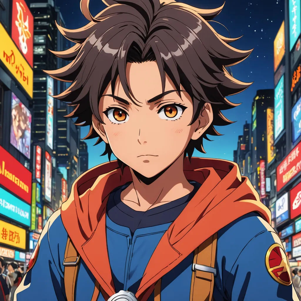 a man with a backpack and a backpack on his shoulder in a city at night with neon signs and buildings, shock art, a character portrait, Cedric Seaut (Keos Masons), anime key visual