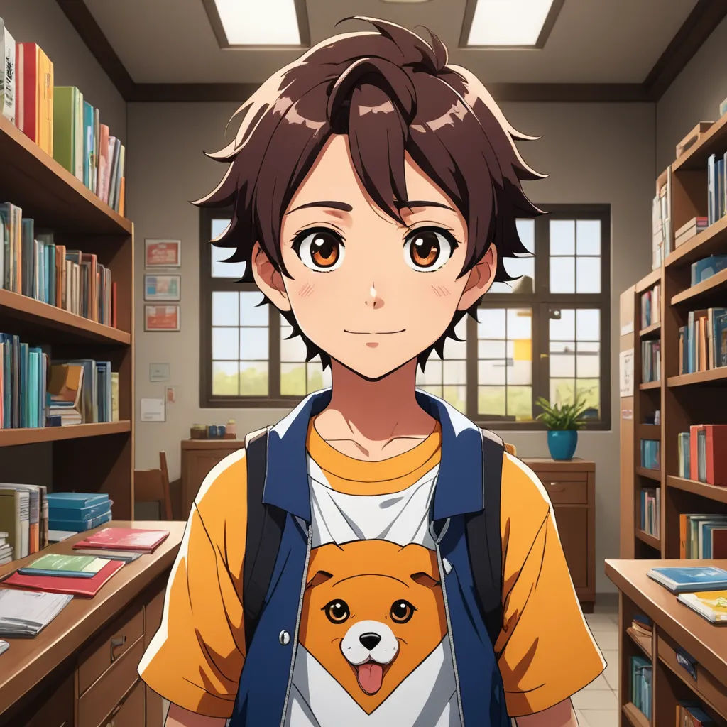 a boy with a dog on his chest in a library with bookshelves and a dog on his chest, sots art, a character portrait, Adam Manyoki, official art