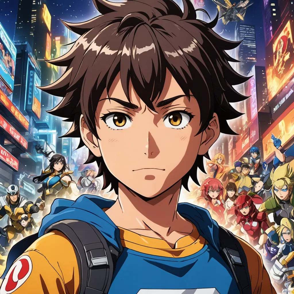 a man in a blue shirt and yellow shirt with anime characters in the background of a city at night, rayonism, poster art, Ai-Mitsu, anime key visual
