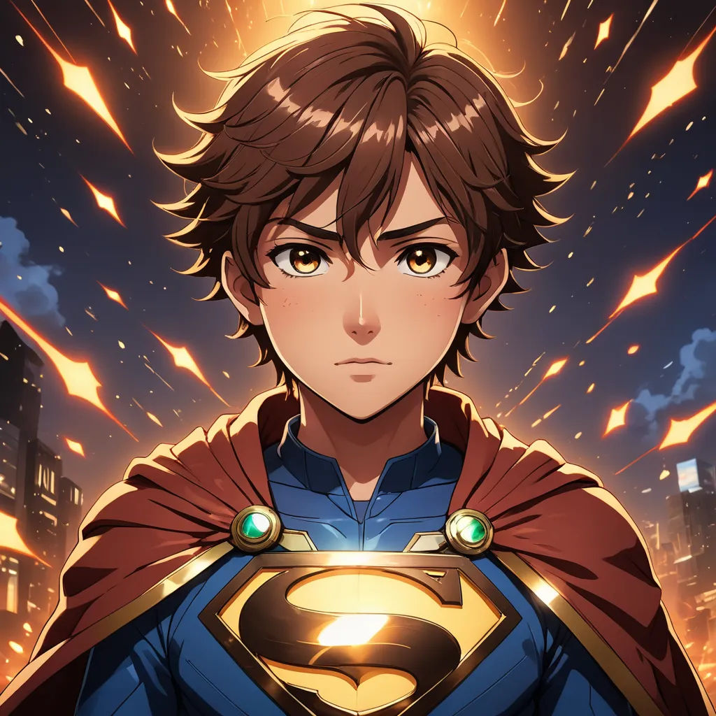 a man in a superman suit with a city background and fireworks in the background, with a red cape on, sots art, a comic book panel, Artgerm, official art