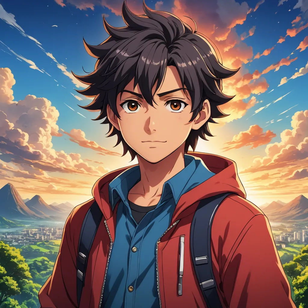 a man with a backpack looking at the camera with a sunset in the background and clouds in the sky, sots art, a character portrait, Aguri Uchida, official art