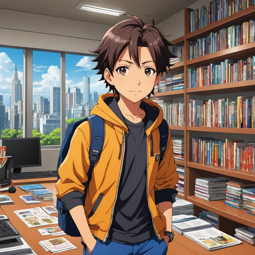 a man standing in front of a book shelf filled with books and a laptop computer on top of a wooden desk, remodernism, a character portrait, Aguri Uchida, official art