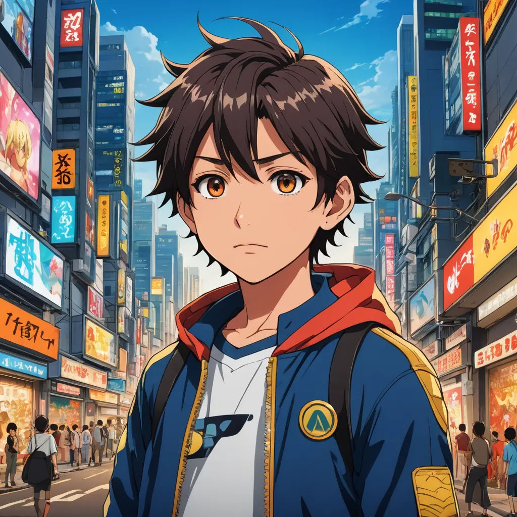 a man in a blue jacket standing in front of a cityscape with a lot of signs on it, rayonism, a character portrait, Ai-Mitsu, anime key visual