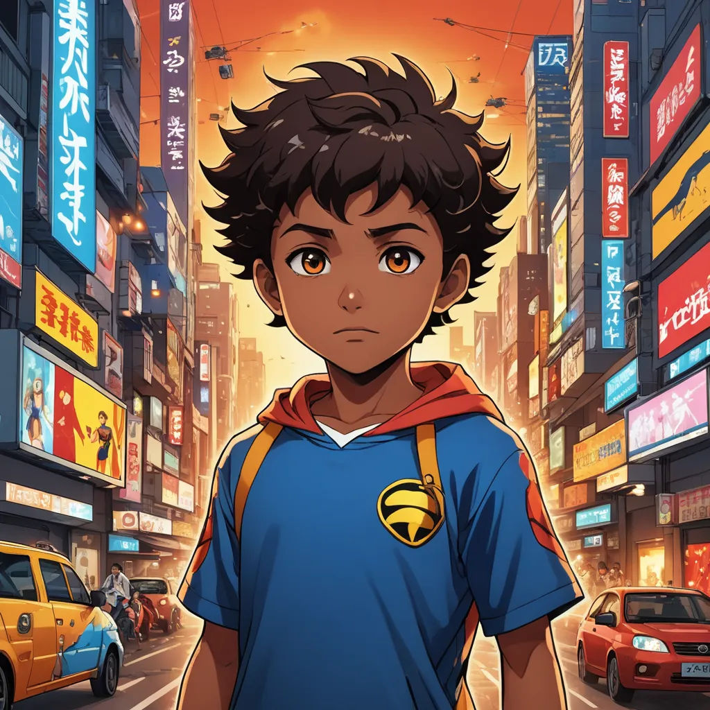 a boy in a blue shirt standing in the middle of a city street with a yellow taxi cab behind him, afrofuturism, a comic book panel, Cedric Seaut (Keos Masons), comic cover art