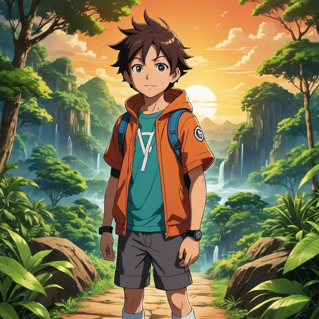 a young man standing on a dirt road in front of a forest with a waterfall in the background and a sunset in the background, rayonism, a character portrait, Cedric Seaut (Keos Masons), anime key visual