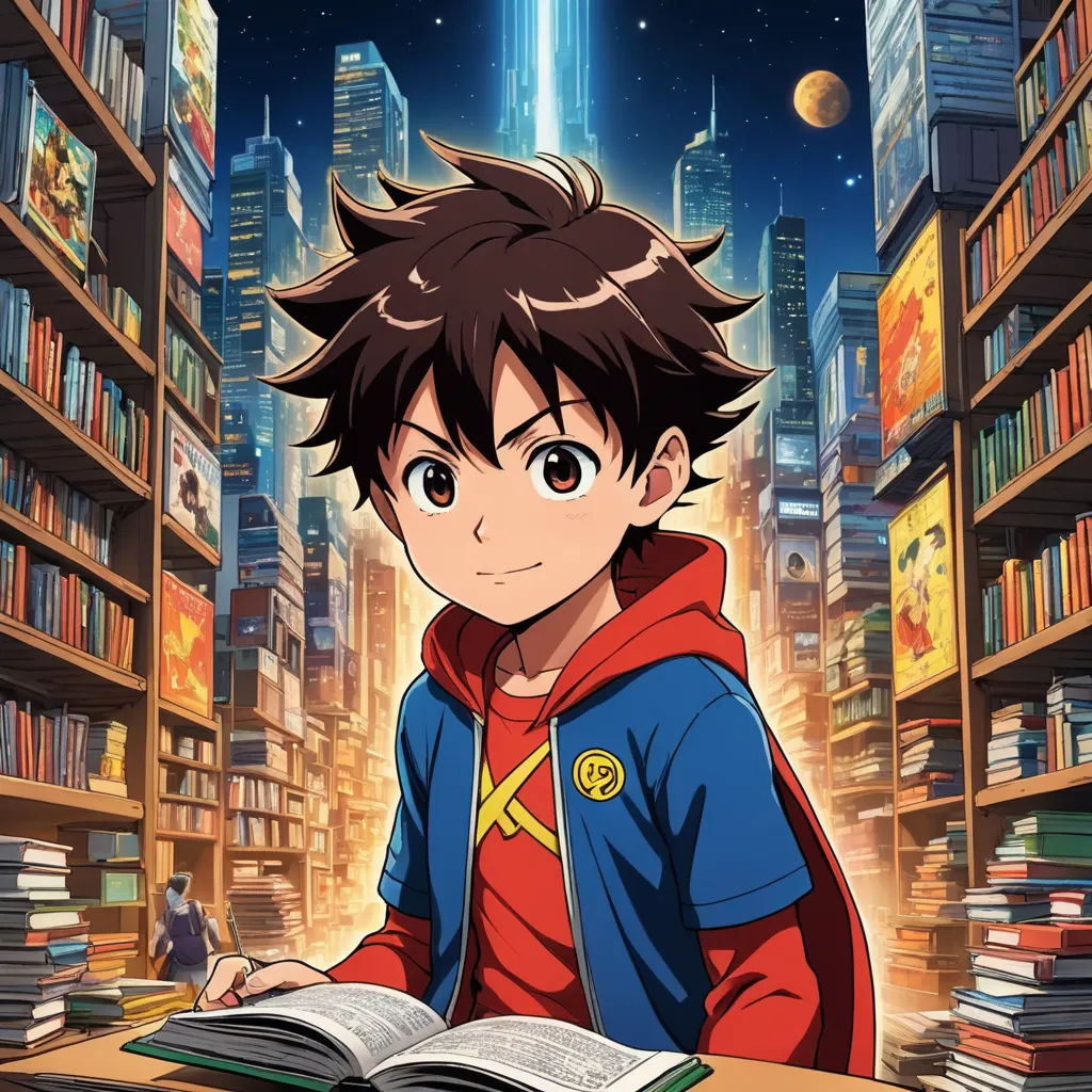a boy in a red hoodie is reading a book in a library with a cityscape in the background, rayonism, a character portrait, Adam Manyoki, anime key visual