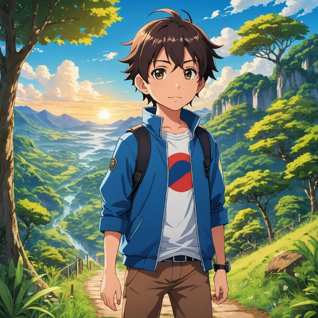 a young man standing on a path in front of a mountain range with a forest and a river in the background, environmental art, a character portrait, Aguri Uchida, anime key visual