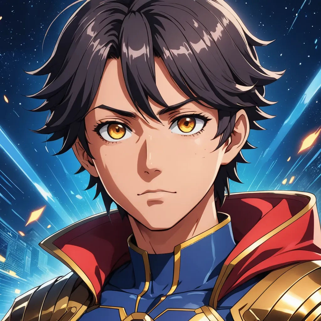 a man in a red cape and gold eyes with a blue background and stars in the background, with a red cape on his head, sots art, a character portrait, Adam Manyoki, official art