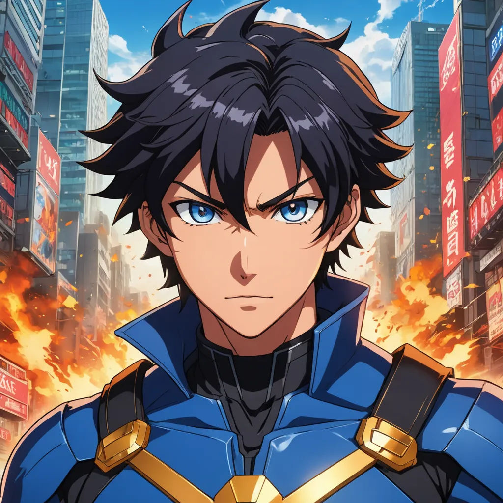 a man in a blue suit with a sword in his hand and a city in the background with buildings, rayonism, a character portrait, Ai-Mitsu, anime key visual