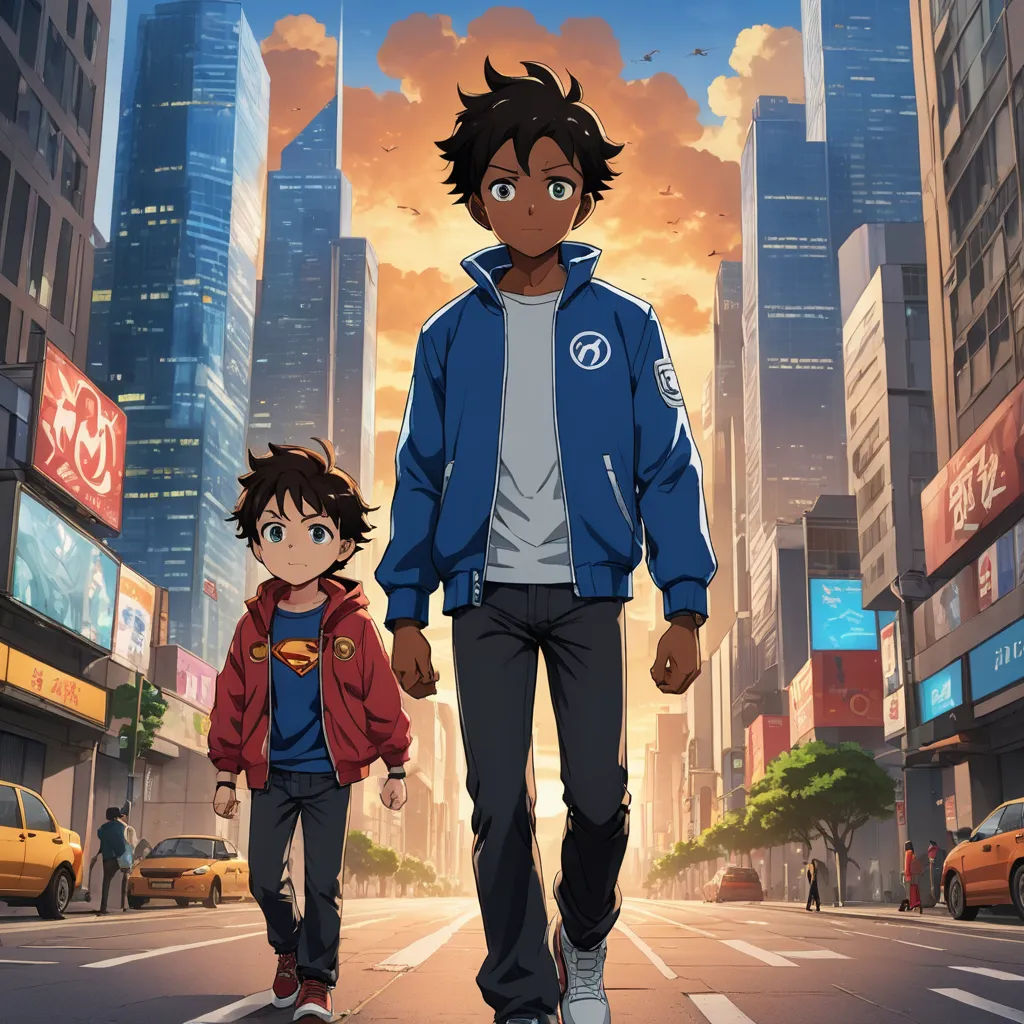 a man and a boy walking down a street in a city with tall buildings in the background, with a sky background, afrofuturism, an album cover, Everett Warner, anime key visual