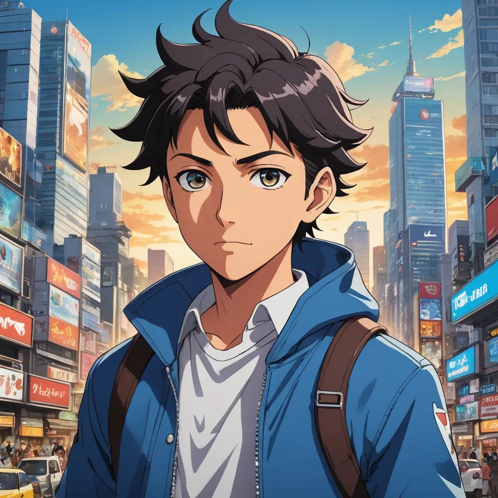 a man in a blue jacket standing in front of a cityscape with a sky background and a cityscape in the background, serial art, a character portrait, Cedric Seaut (Keos Masons), anime key visual