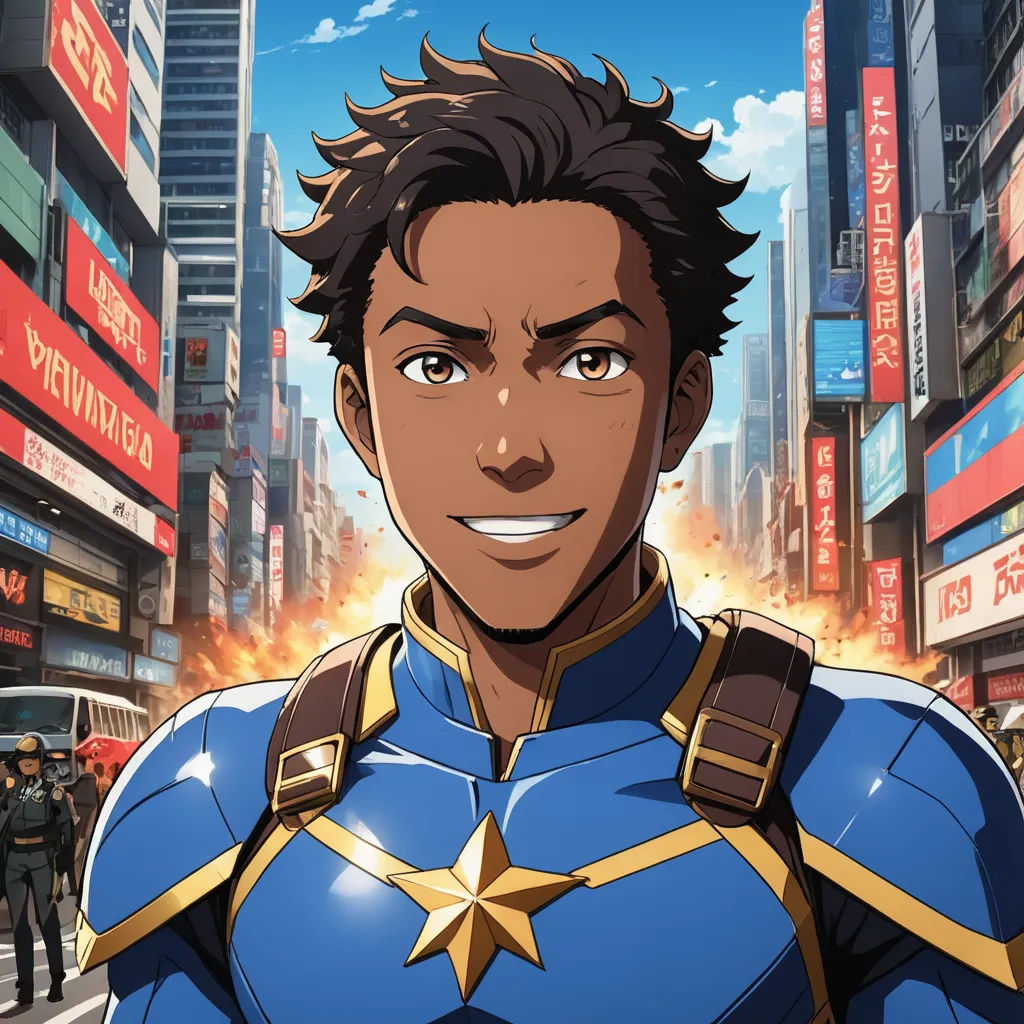 a man in a blue suit standing in front of a city street with a fire coming out of his mouth, afrofuturism, a character portrait, Adam Manyoki, official art