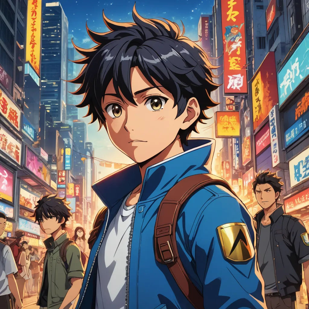 a man in a blue jacket standing in front of a cityscape with people walking around him and a man in a blue jacket, serial art, poster art, Ai-Mitsu, anime key visual