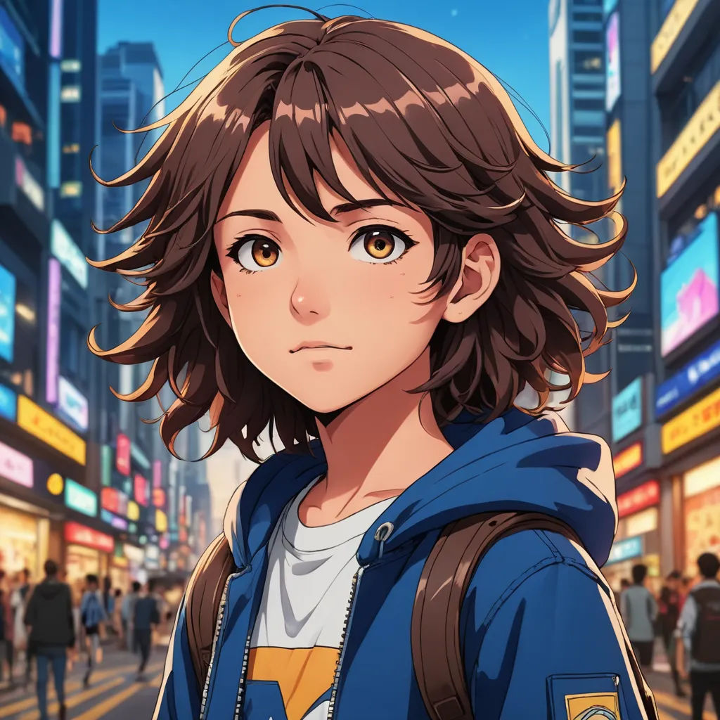a woman with long hair and a backpack on a city street in front of a crowd of people with buildings, sots art, a character portrait, Chizuko Yoshida, official art
