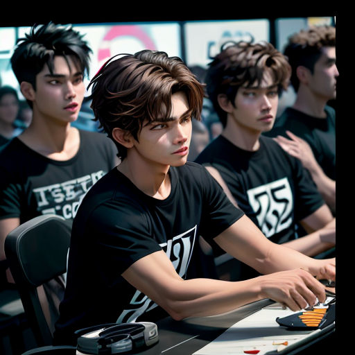 a group of young men sitting at a table with a keyboard and mouse in front of them, with a man in the background