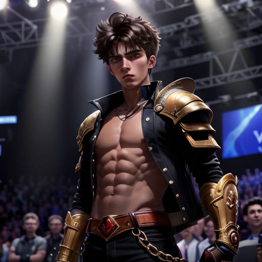 a man in a costume standing in front of a crowd of people at a convention or show with a crowd of people watching