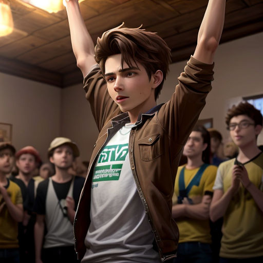 a group of people standing around each other in a room with a man raising his arms up in the air