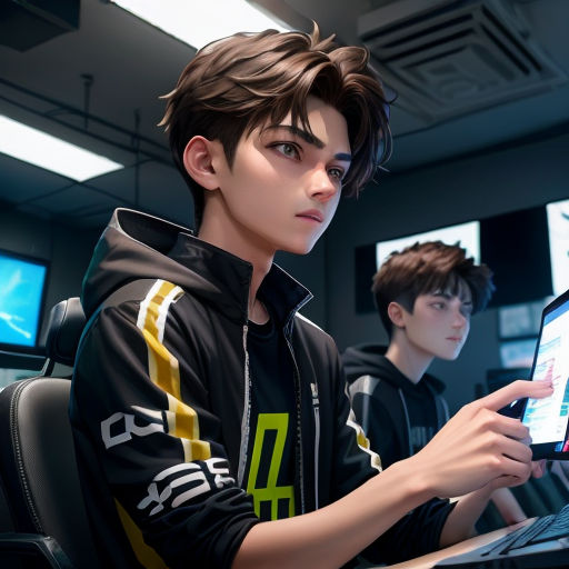 a boy is sitting in front of a laptop computer and looking at the screen while another boy is on the computer