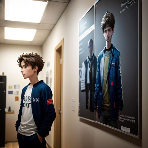 a boy standing in a hallway next to a poster of a boy wearing a jacket and a t - shirt