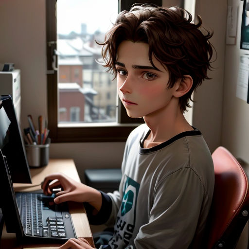 a boy sitting at a desk with a laptop computer in front of him and a window behind him,