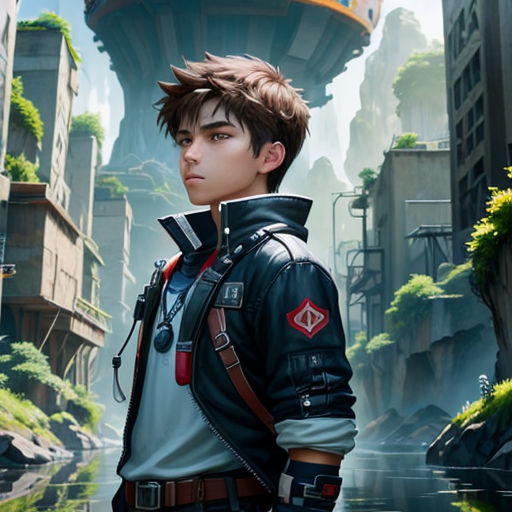 a boy in a futuristic city with a futuristic city in the background and a futuristic city in the foreground