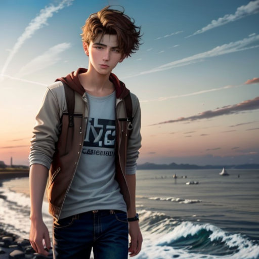 a young man standing on a beach next to the ocean at sunset with a sky background and a line of boats in the water