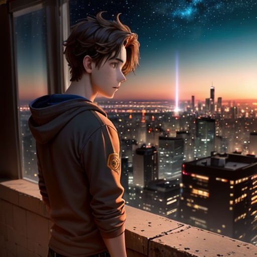 a boy looking out a window at the city at night with a view of the stars and the moon
