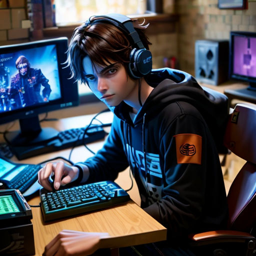 a boy wearing headphones sitting at a desk with a keyboard and monitor in front of him and a keyboard and mouse in front of him