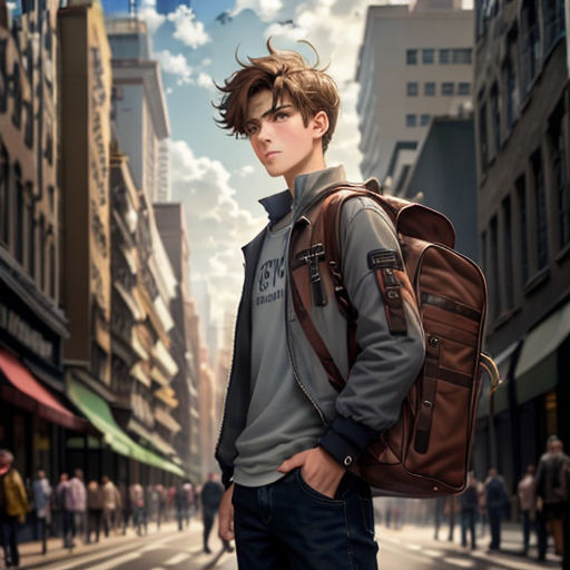 a man with a backpack standing on a city street with buildings in the background and a bird flying overhead