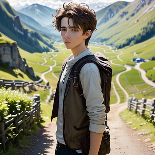 a boy standing on a road in the mountains with a backpack on his back and a view of a valley behind him