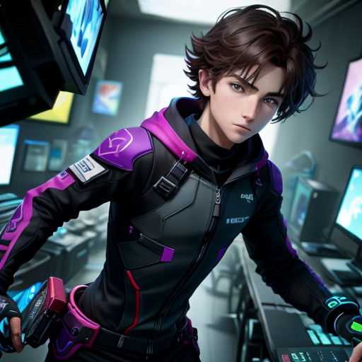 a man in a futuristic suit holding a laptop computer in a room with many monitors and television screens on the wall