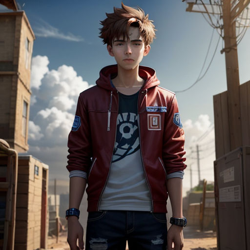 a young man in a red jacket standing in front of a building with a sky background and clouds in the background