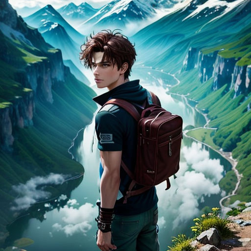 a man with a backpack standing on a cliff overlooking a valley and mountains with a river in the middle