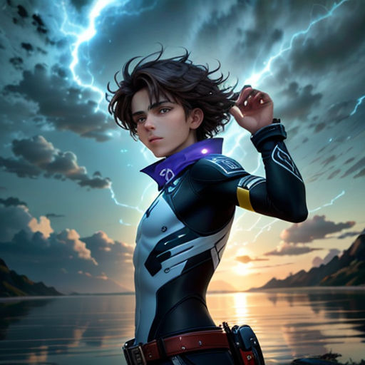 a woman in a futuristic suit standing in front of a lightning storm with her hands on her head and a lightning bolt in the background