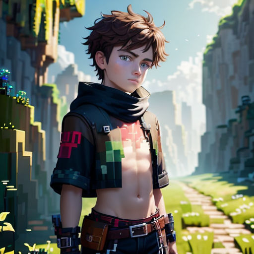 a young man in a futuristic outfit standing in front of a mountain landscape with a pixellated background and a sky background