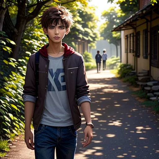 a young man walking down a street next to a forest of trees and bushes, with a person walking behind him