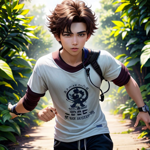 a young man running through a forest with a backpack on his back and a camera on his shoulder,