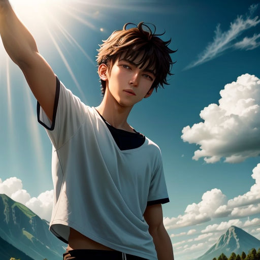 a young man is holding his arm up in the air with the sun shining behind him and mountains in the background