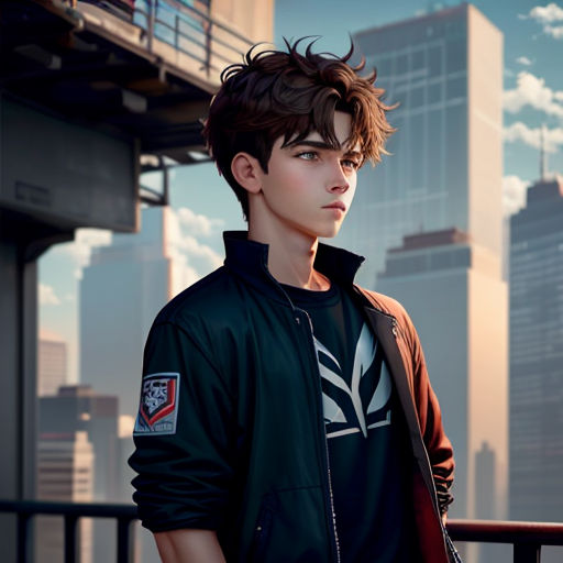 a young man standing in front of a city skyline with a jacket on and a backpack on his shoulder